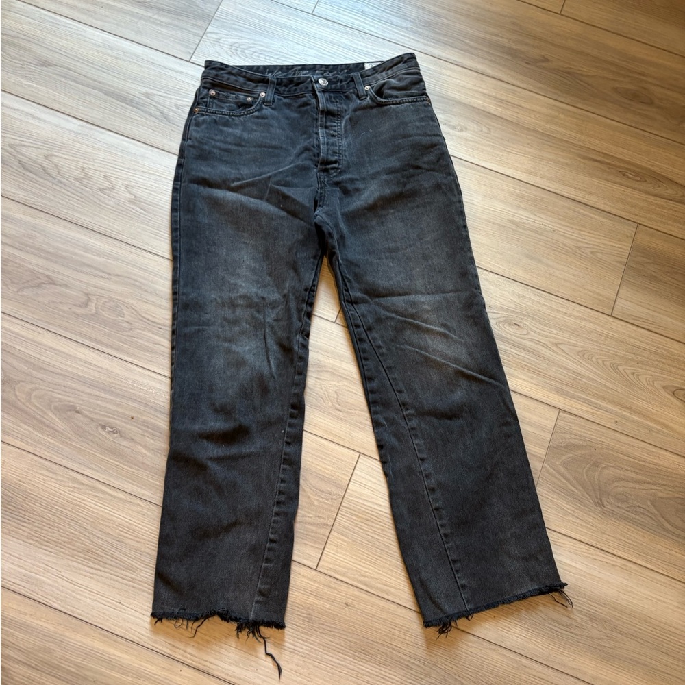 We The Free People High Rise Straight Leg Raw Hem Jeans Faded Black Size 27